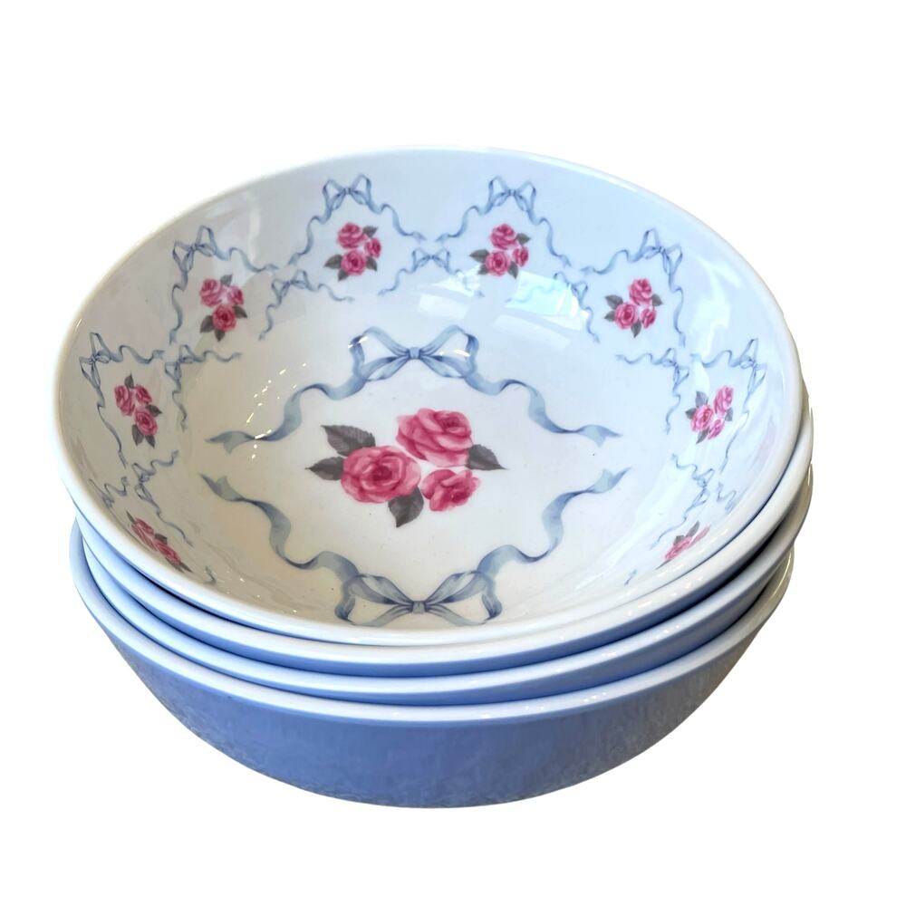 Soho Loft Melamine Salad Bowls 8n Pink Roses Lavender Bows Set of 4 NEW
